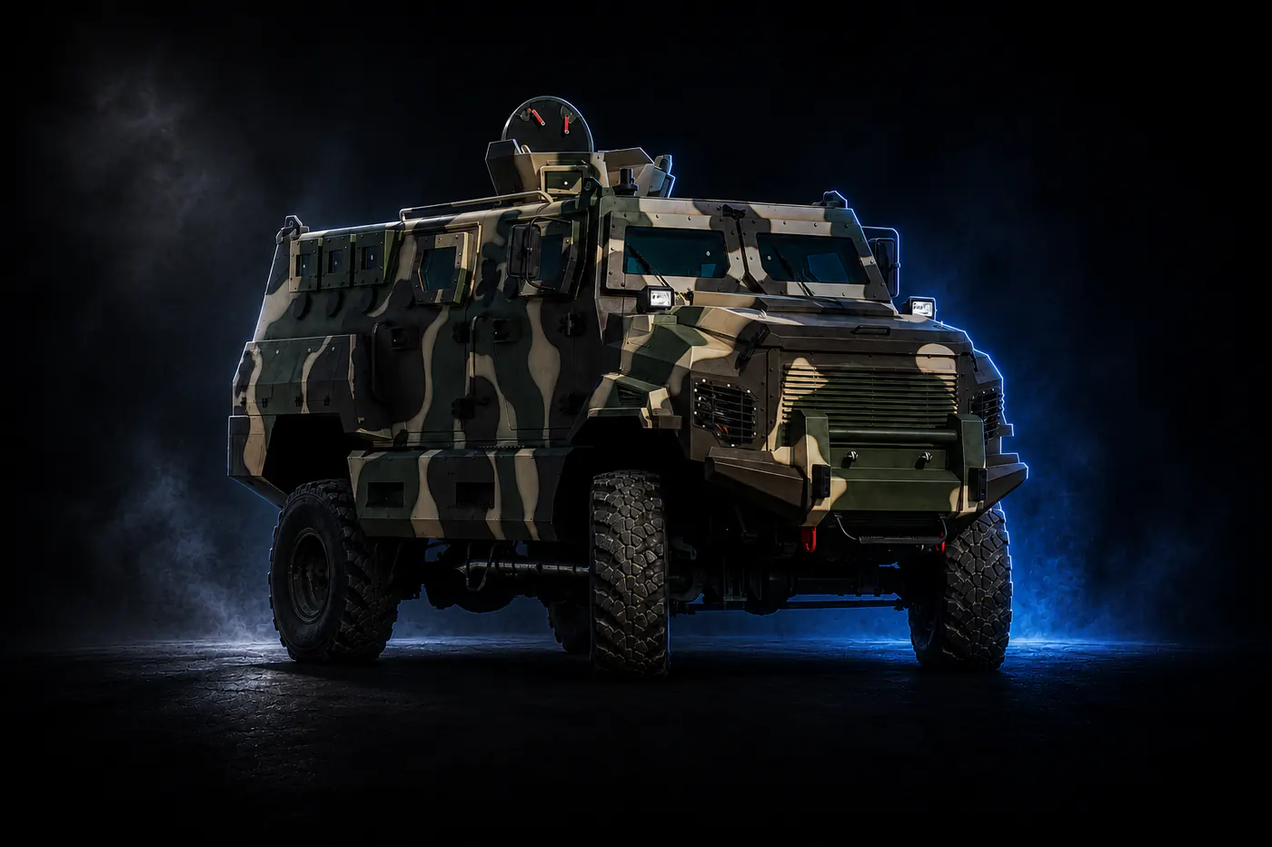 Armoured personnel vehicle in camouflage paint on all-terrain tyres