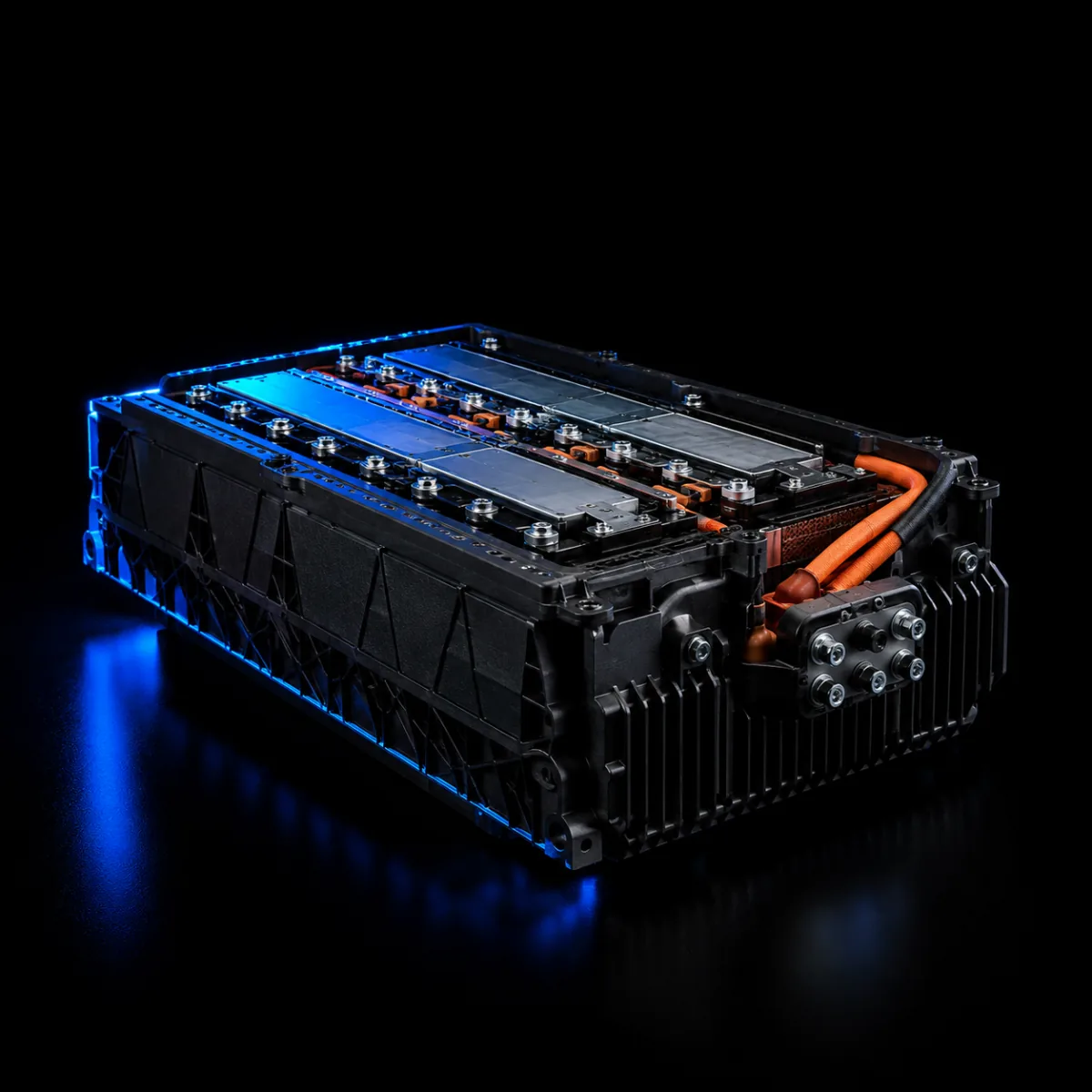 Battery pack opened to prismatic cells, busbars and orange cables