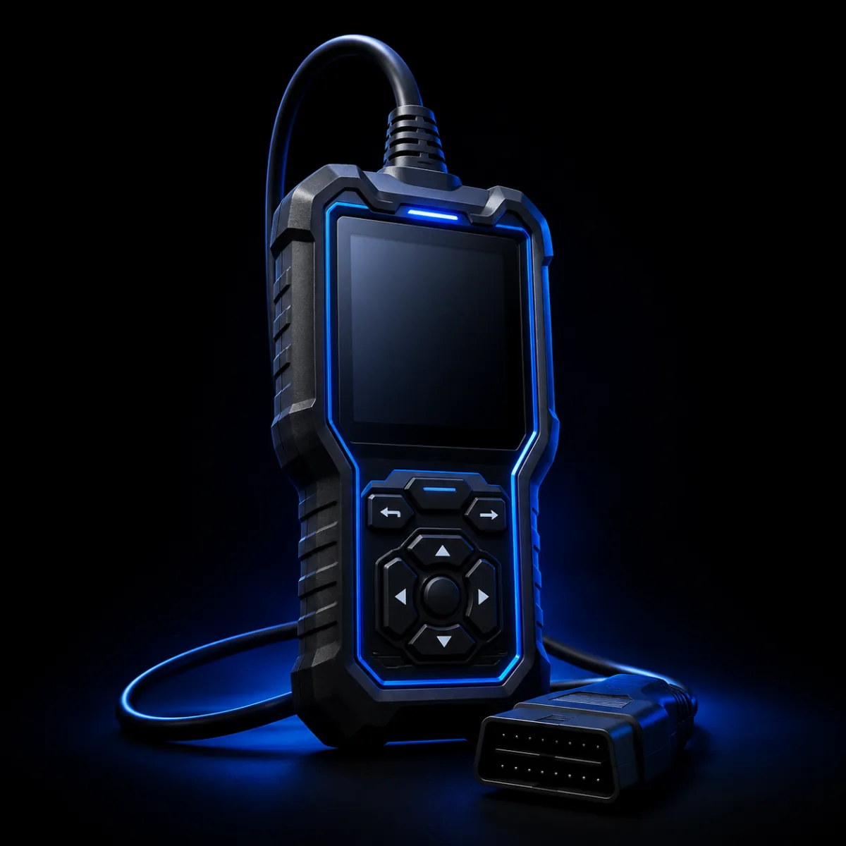Handheld scan tool with its sixteen-pin plug on a coiled lead