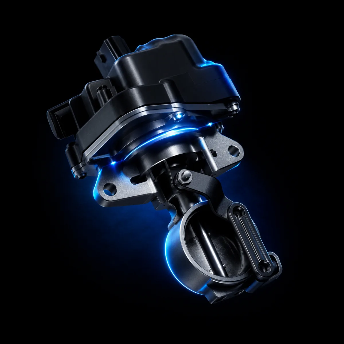 Swirl-flap actuator and linkage on an open butterfly valve housing