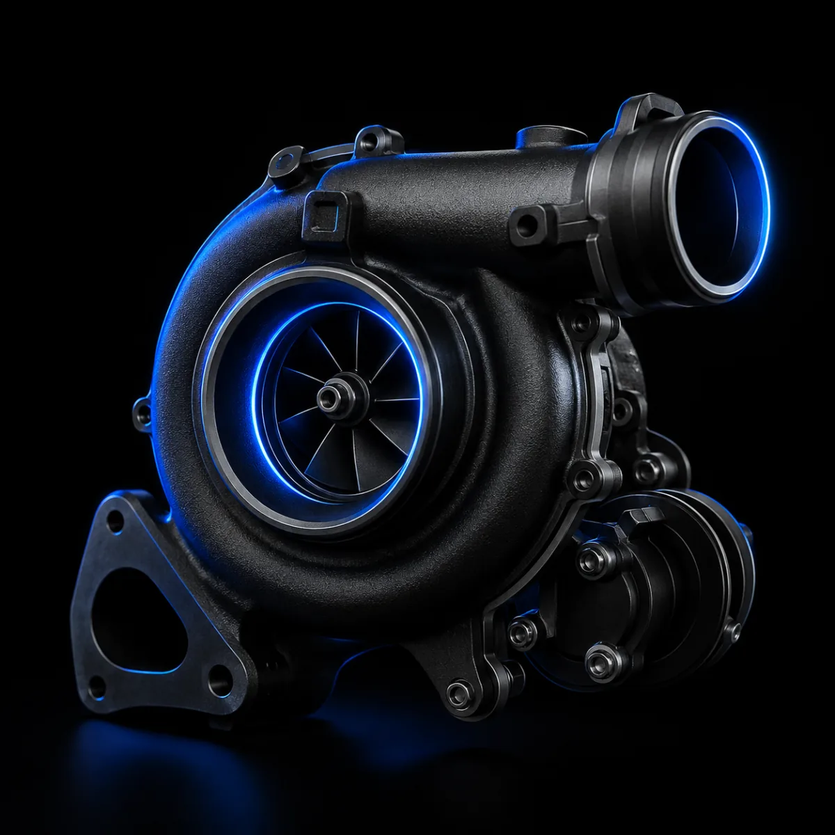 Turbocharger with its compressor wheel visible through the inlet housing