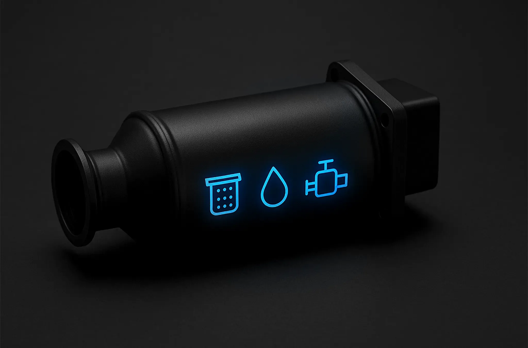 Diesel particulate filter on a dark studio background