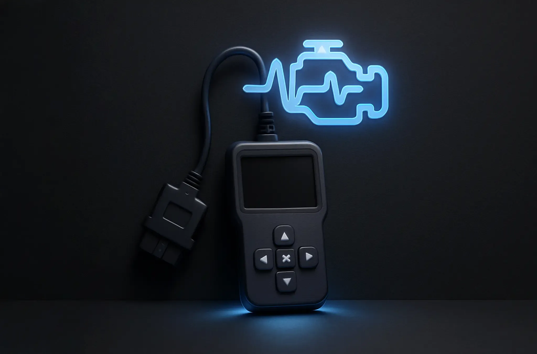 Handheld scan tool on a coiled lead below a check-engine symbol glowing blue