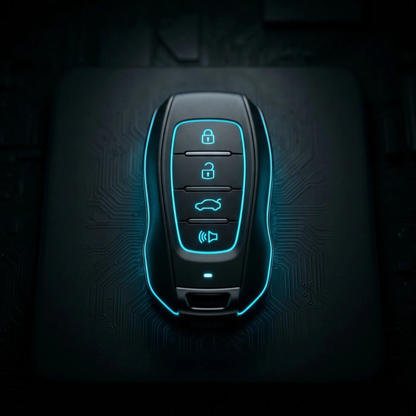 Car key fob resting on a bare circuit board