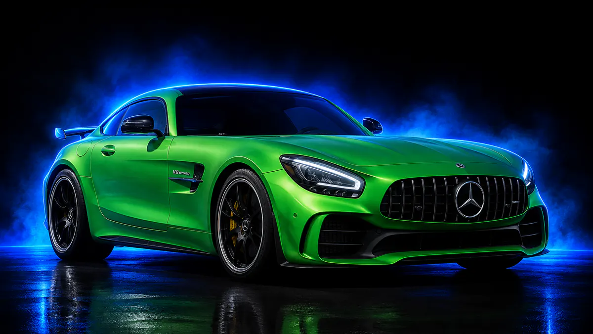 Mercedes-AMG coupe in green with black wheels, blue rim light in a dark studio, three-quarter front view