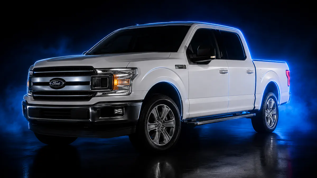 Ford F-150 crew cab in white, blue rim light in a dark studio, three-quarter front view
