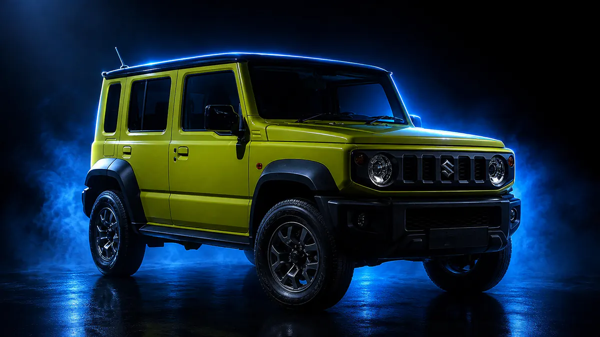 Suzuki Jimny in Kinetic Yellow with black steel-look wheels, blue rim light in a dark studio, three-quarter front view