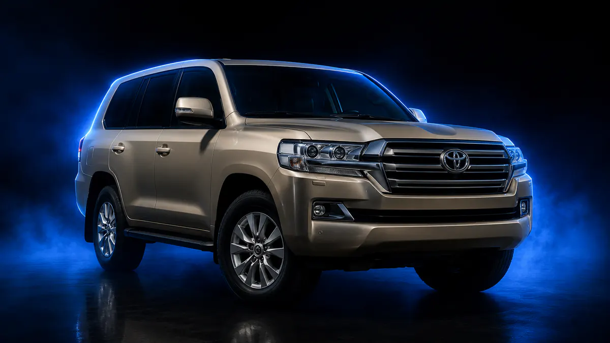 Toyota Land Cruiser 200 Series in beige, blue rim light in a dark studio, three-quarter front view