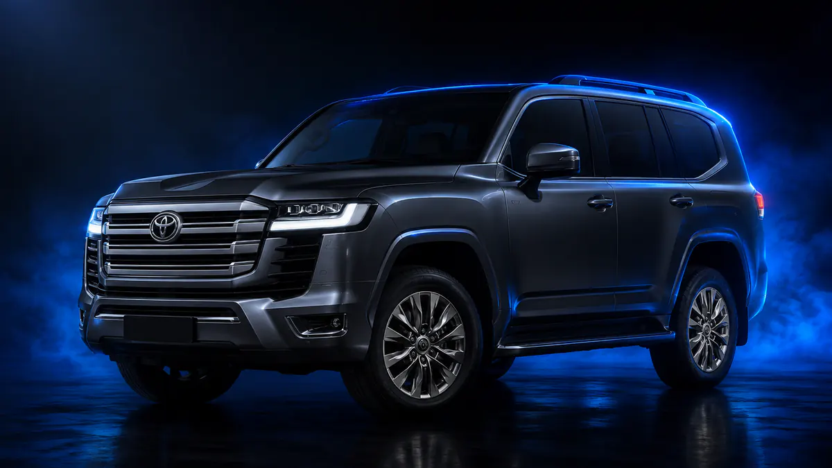 Toyota Land Cruiser 300 Series in dark grey, blue rim light in a dark studio, three-quarter front view