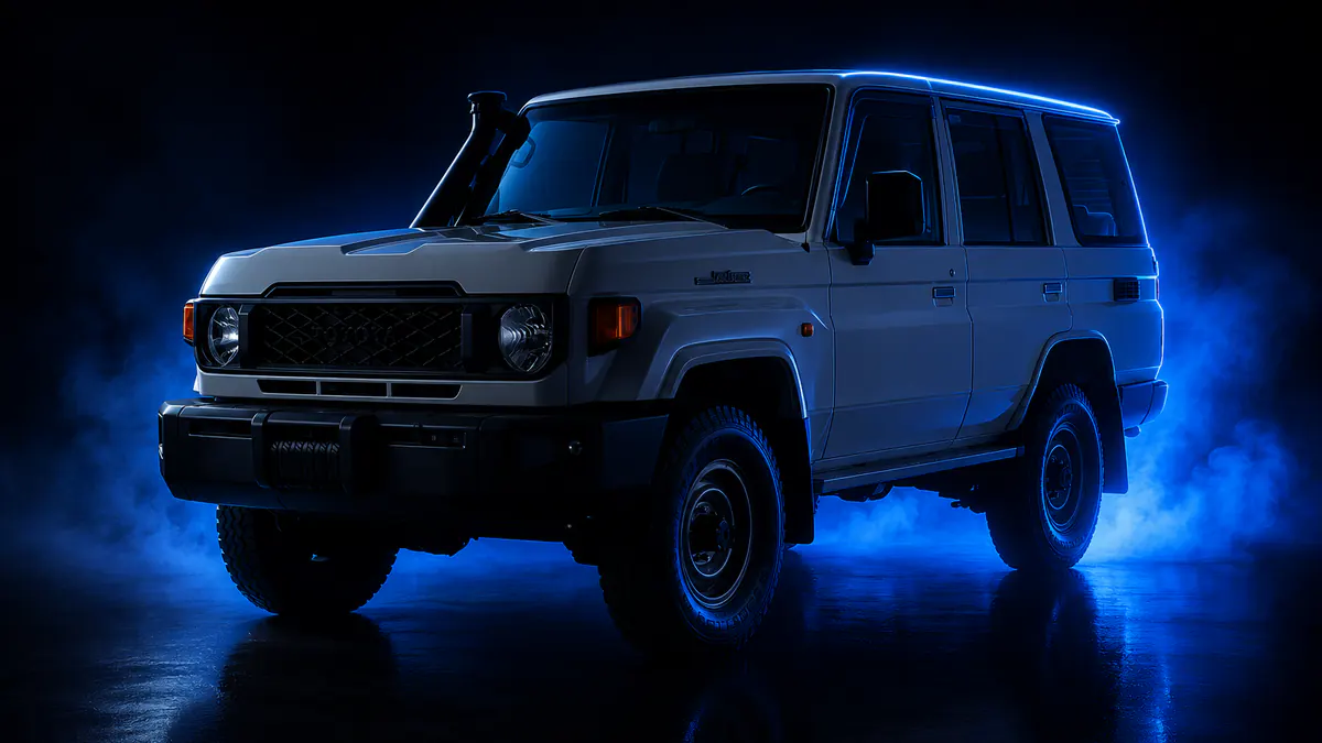 Toyota Land Cruiser 76 Series in white with a snorkel, blue rim light in a dark studio, three-quarter front view