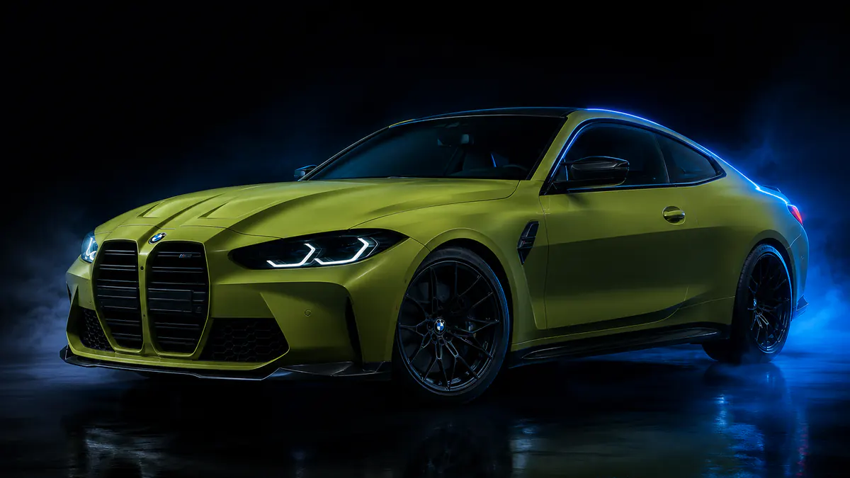 BMW M4 G82 in Sao Paulo Yellow, blue rim light in a dark studio, three-quarter front view