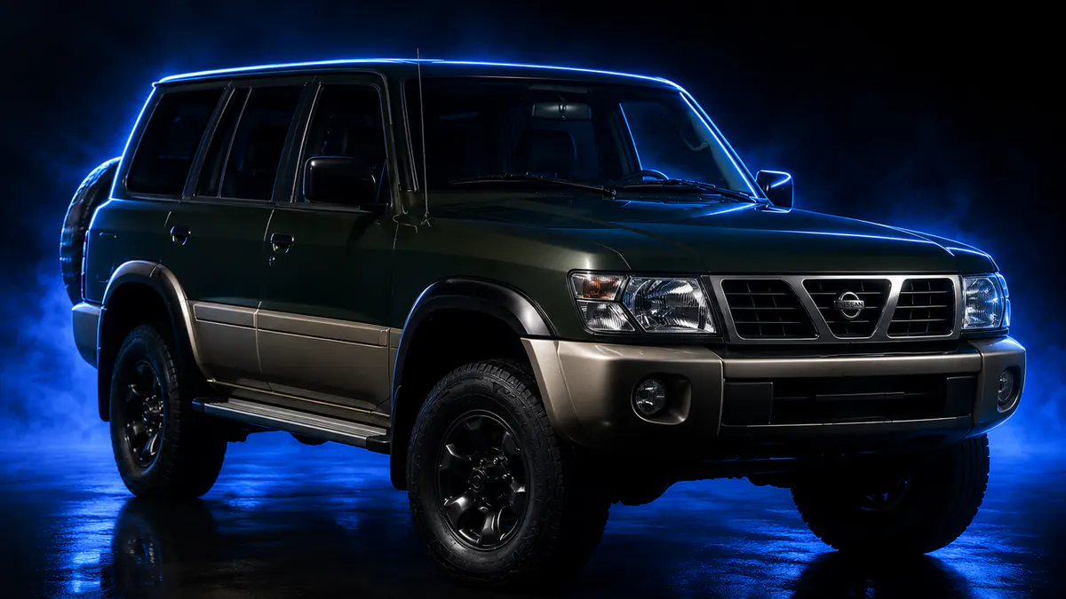 Nissan Patrol Y61 Super Safari in dark green over beige, blue rim light in a dark studio, three-quarter front view