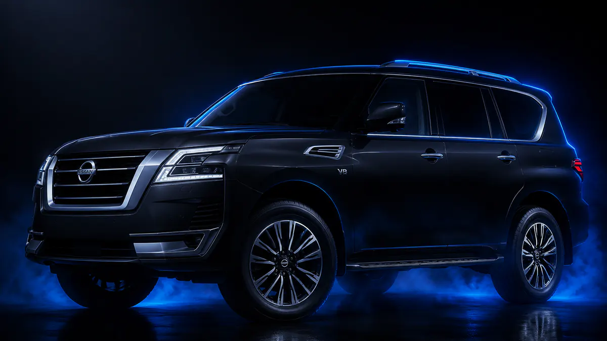 Nissan Patrol Y62 in black, blue rim light along the roofline in a dark studio, three-quarter front view