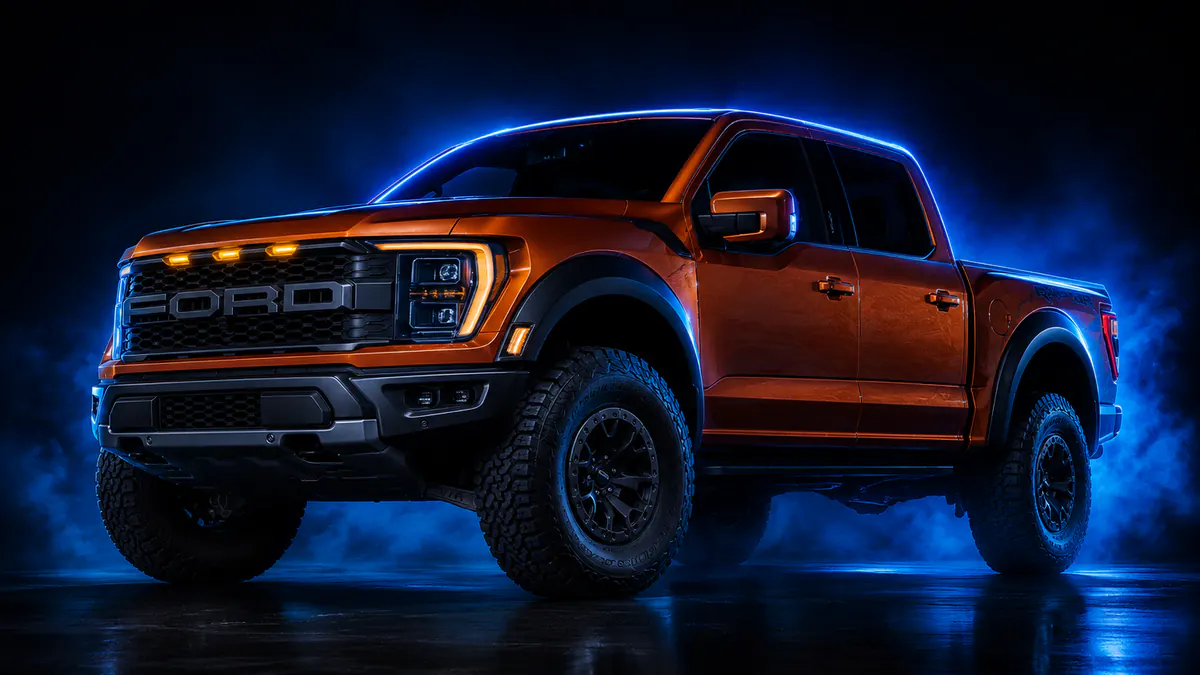 Ford F-150 Raptor in Code Orange on off-road tyres, blue rim light in a dark studio, three-quarter front view