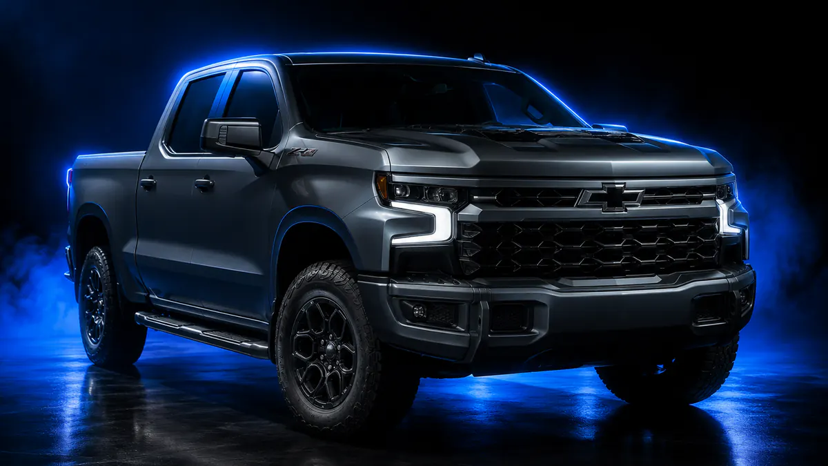 Chevrolet Silverado in grey on off-road tyres, blue rim light in a dark studio, three-quarter front view