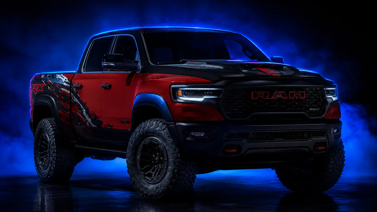 RAM 1500 TRX in red over black, blue rim light in a dark studio, three-quarter front view