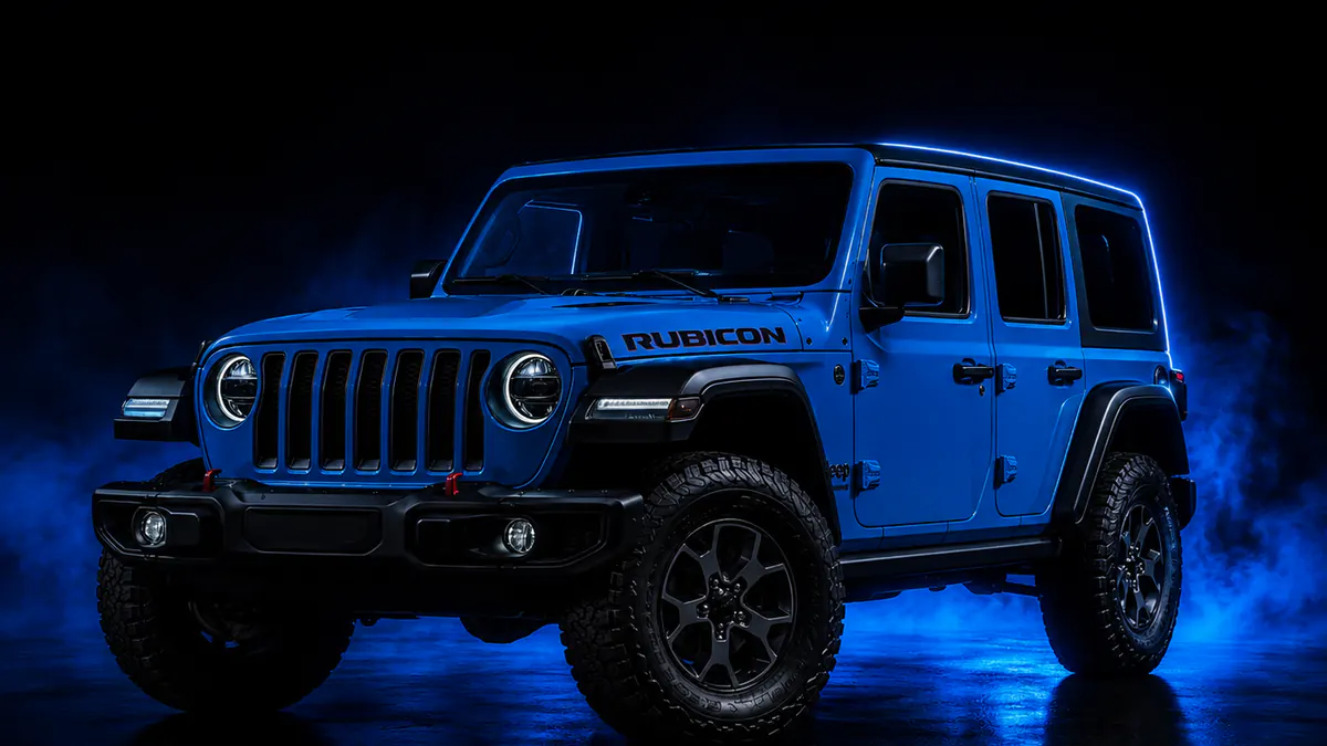 Jeep Wrangler Rubicon in blue, blue rim light in a dark studio, three-quarter front view